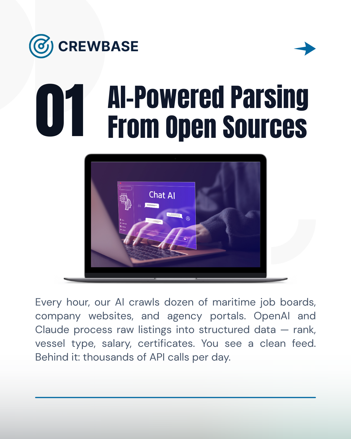 01 — AI-Powered Parsing From Open Sources: Every hour, our AI crawls dozens of maritime job boards and processes raw listings into structured data