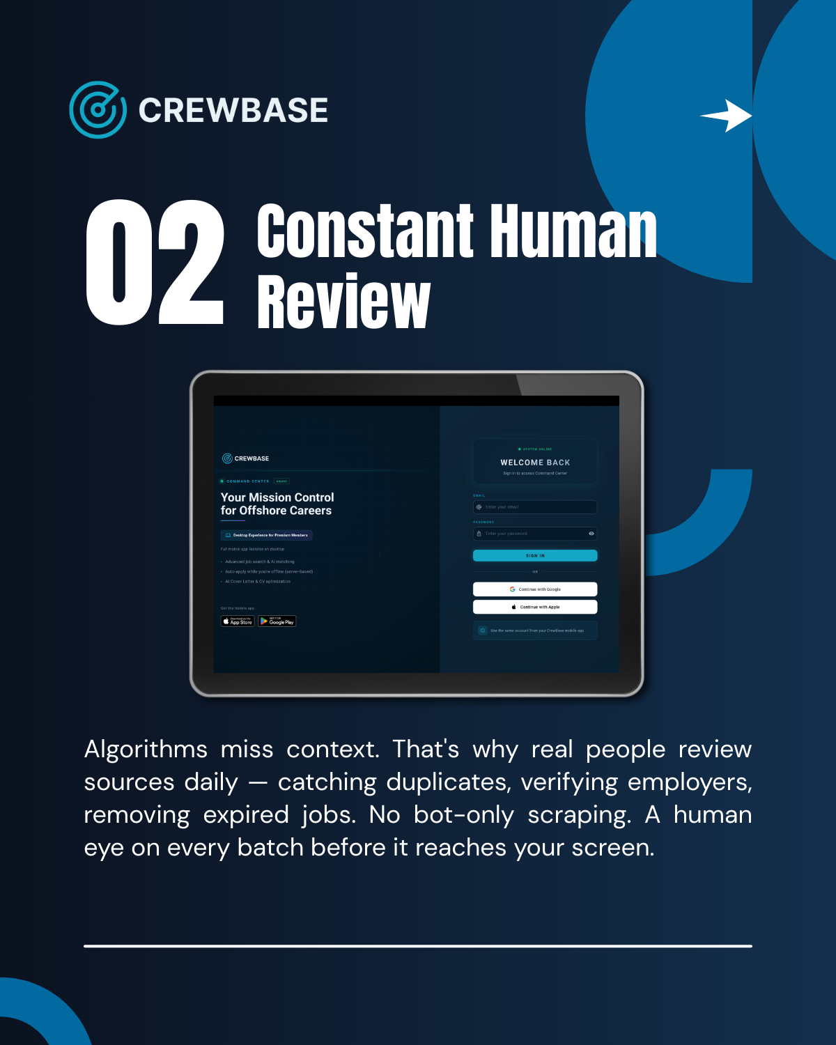 02 — Constant Human Review: Real people review sources daily, catching duplicates, verifying employers, removing expired jobs