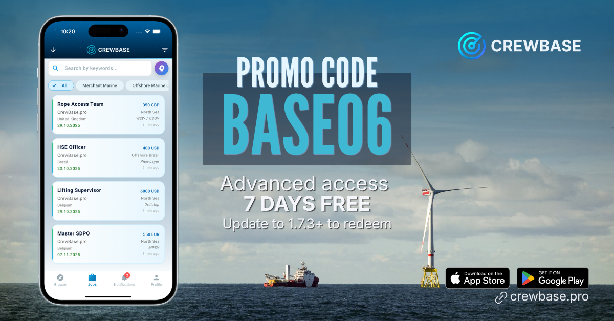 CrewBase landscape promo with phone mockup and offer code