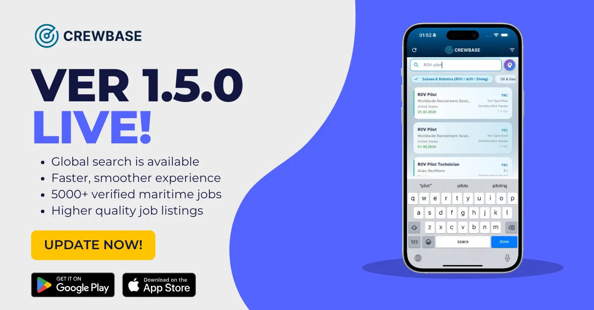 CrewBase version 1.5 launch banner with phone showing ROV pilot job search and App Store badges