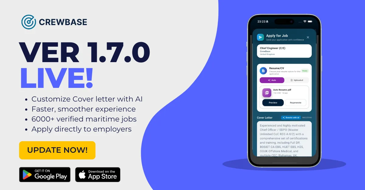 CrewBase v1.7 update promo with smartphone showing AI cover letter rewrite for Chief Engineer job application