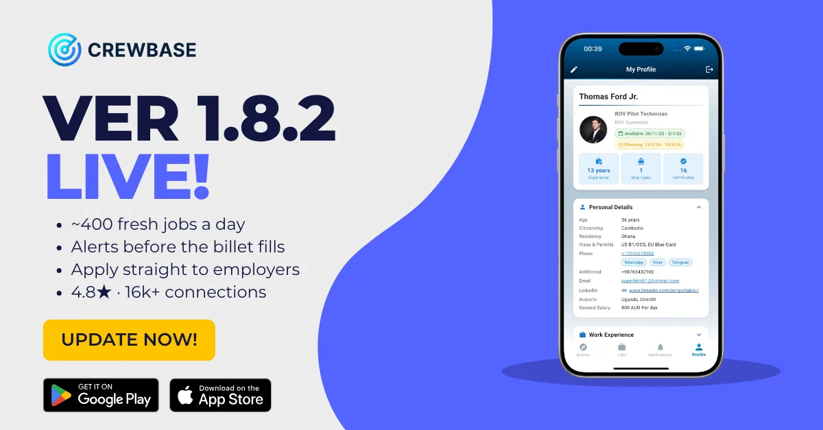 CrewBase version 1.8.2 update promo with phone showing ROV pilot profile and Update Now button
