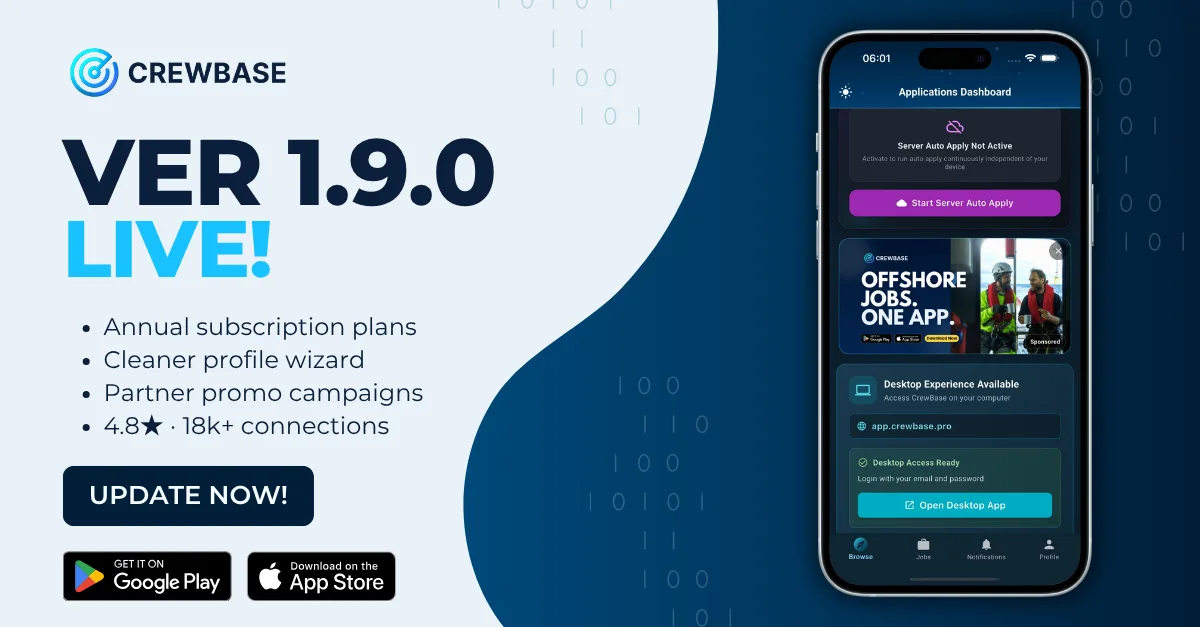 CrewBase version 1.9.0 update promo with phone Applications Dashboard and Update Now button