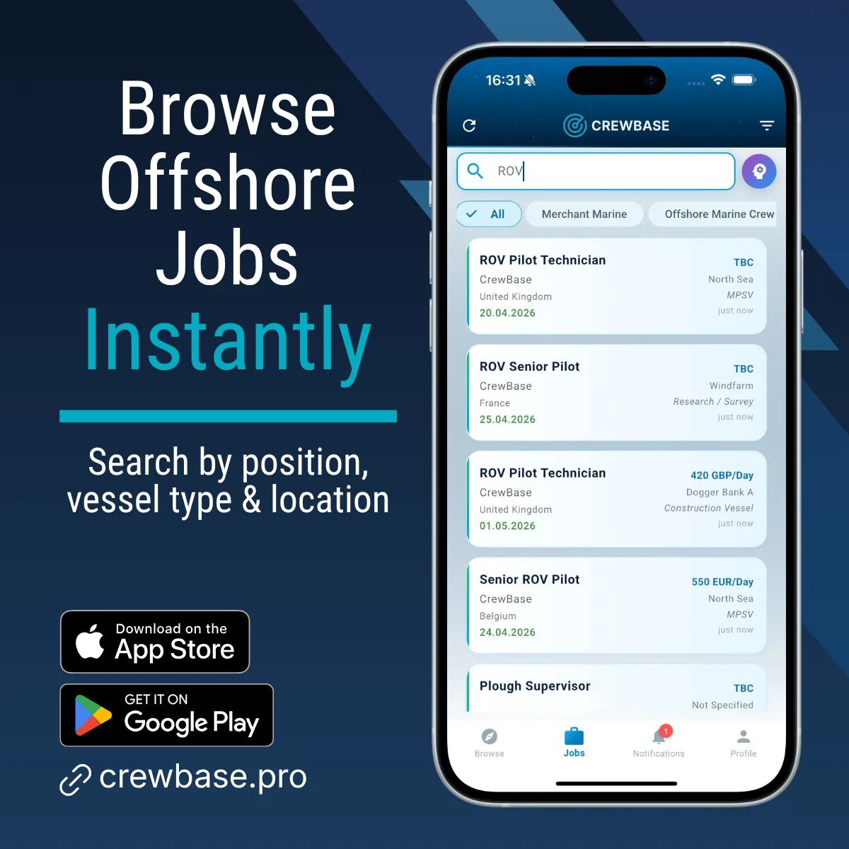 CrewBase app on phone listing ROV pilot and technician jobs in the North Sea with download badges