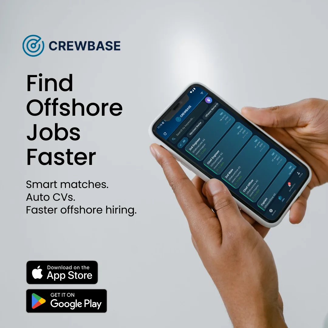 Hands holding phone with CrewBase offshore job list for engineers and deck officers at OffshoreCrew AS UK