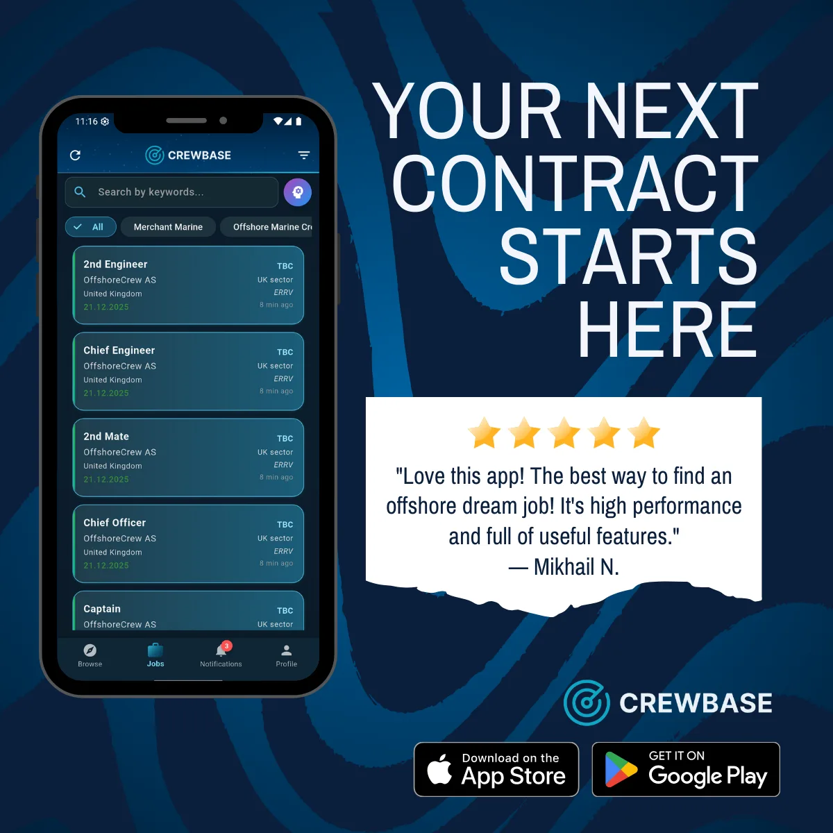 CrewBase promotional graphic with phone showing offshore officer jobs and five-star user testimonial