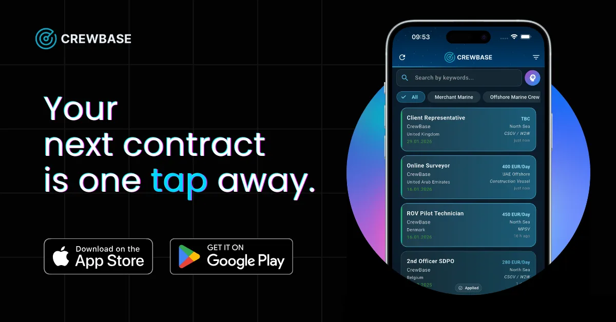 CrewBase app mockup with North Sea client rep, surveyor, and ROV job listings and headline one tap away