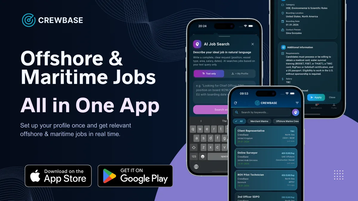 Three phone screens showing CrewBase AI job search, job feed, and HSE job details with apply button