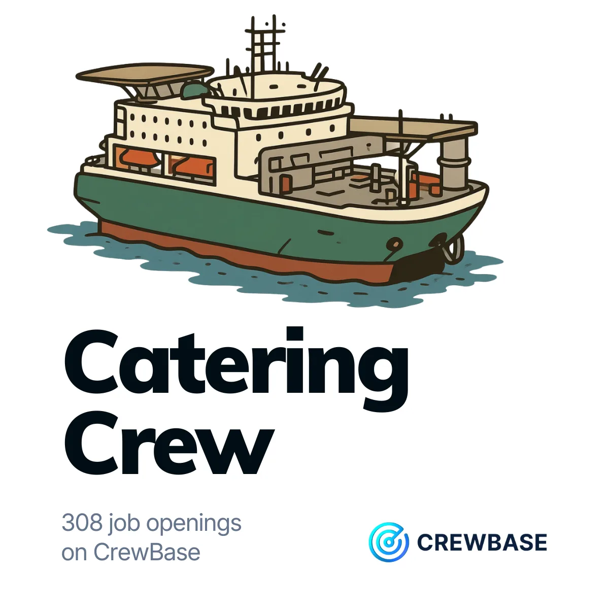Illustrated offshore vessel with CrewBase Catering Crew and 308 job openings