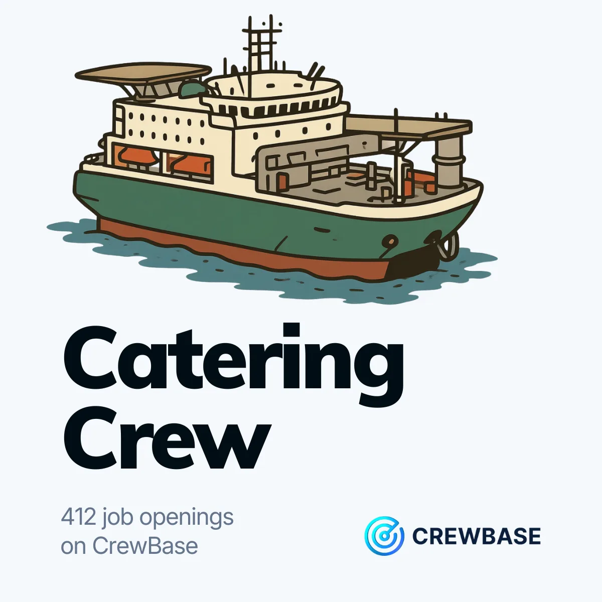 Illustrated multi-deck vessel with CrewBase Catering Crew and 412 job openings