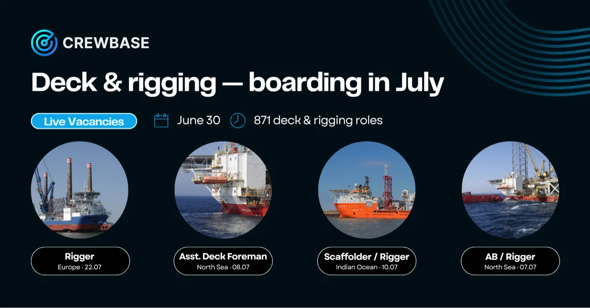 CrewBase banner Deck and rigging boarding in July with rigger deck foreman scaffolder and AB roles