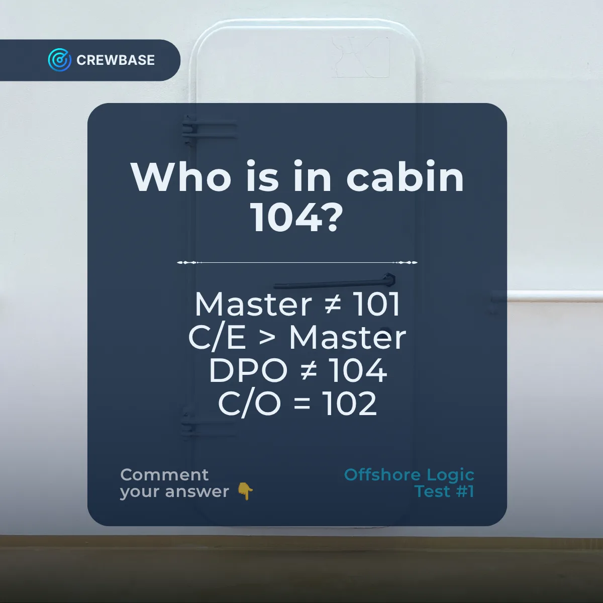 CrewBase offshore logic puzzle Who is in cabin 104 with Master CE DPO CO clues on ship door