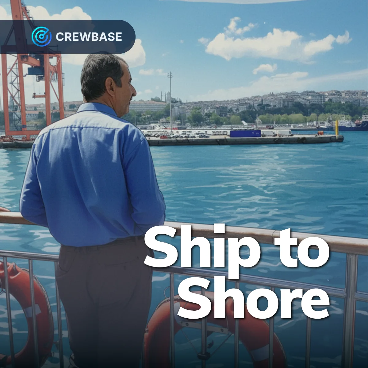 Seafarer on vessel deck overlooking coastal city with CrewBase Ship to Shore career message
