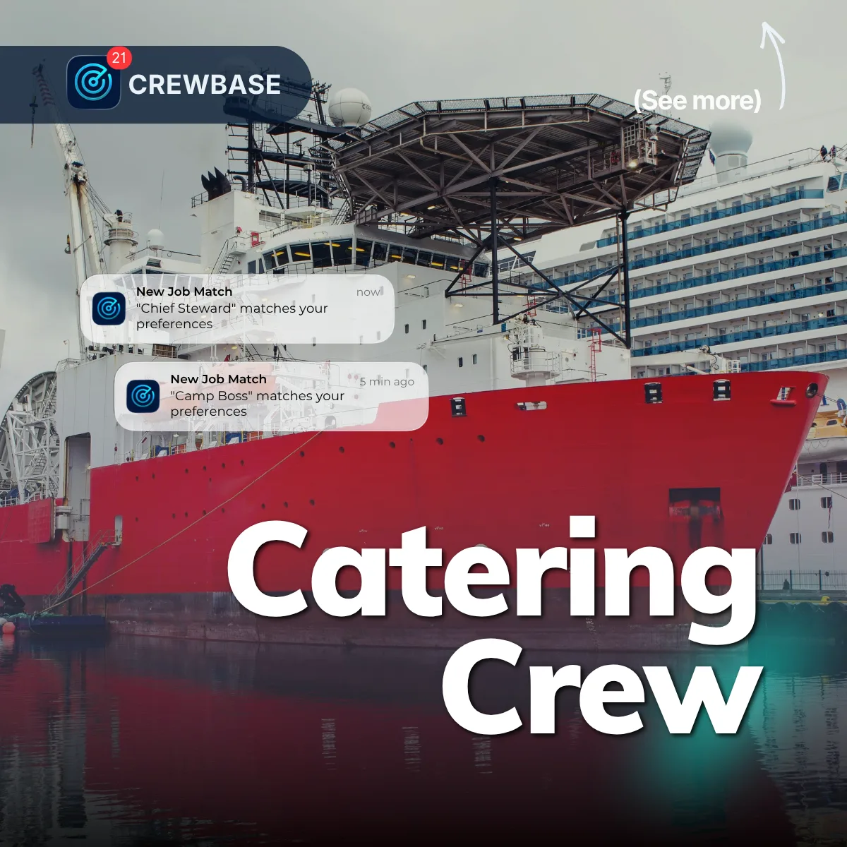 Red offshore vessel in harbour with CrewBase Catering Crew job matches for Chief Steward and Camp Boss