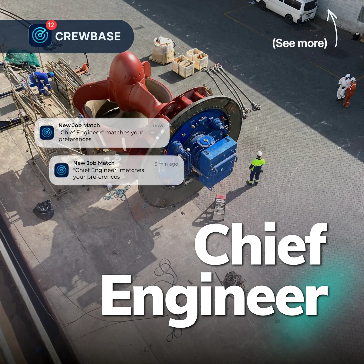 Aerial view of a large thruster and engineers on the quay with CrewBase Chief Engineer job matches