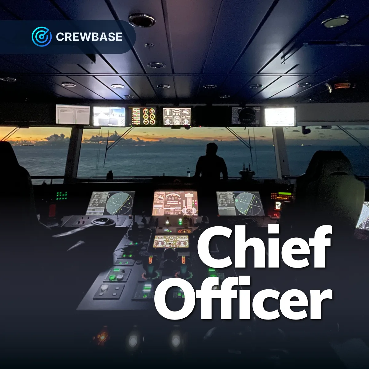 Chief Officer silhouette on ship bridge at sunset with radar consoles and CrewBase branding