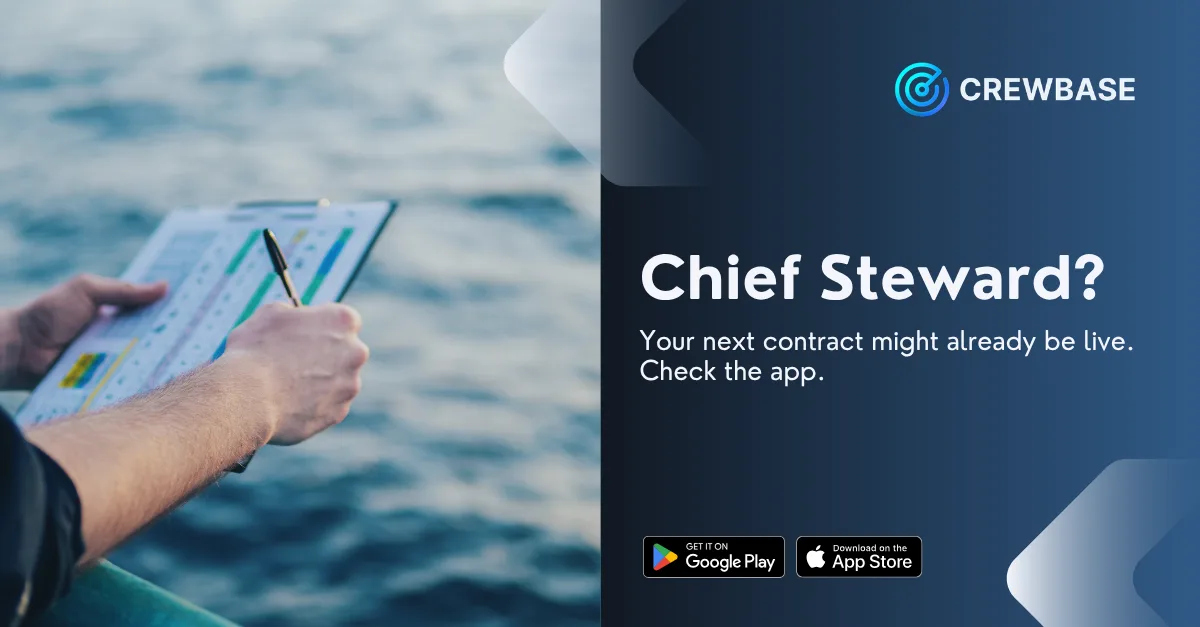 Chief steward with clipboard on yacht deck and CrewBase recruitment message
