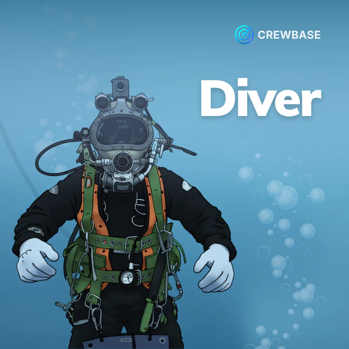 Commercial diver in Kirby Morgan style helmet harness and gloves underwater with CrewBase Diver text