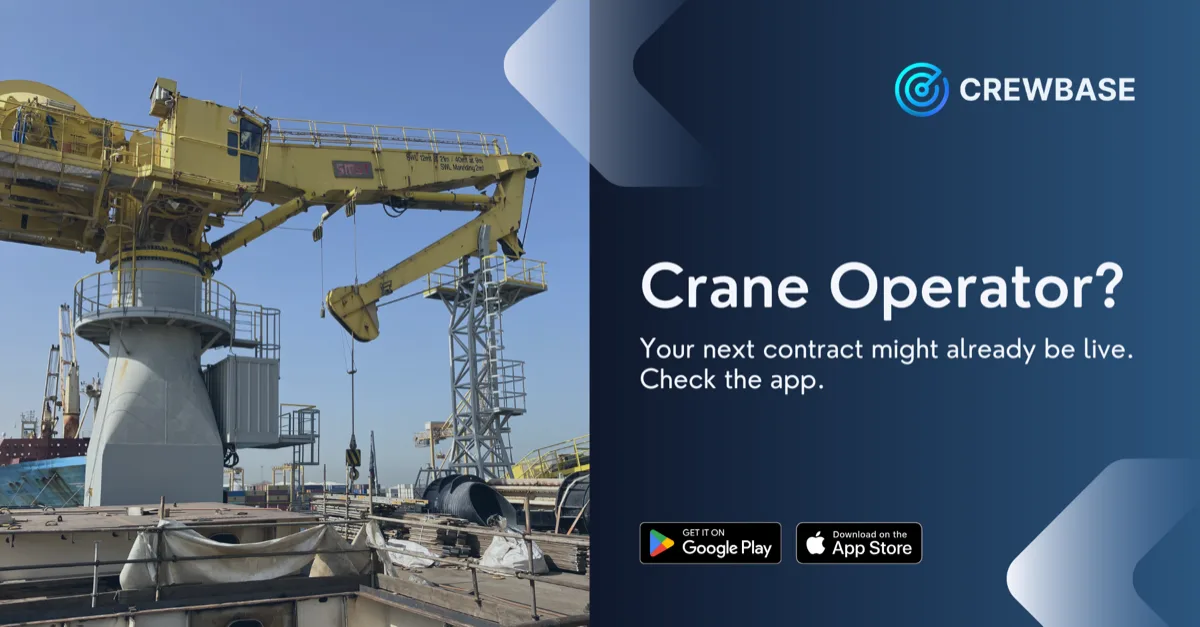 Yellow offshore pedestal crane on vessel deck with CrewBase crane operator recruitment text