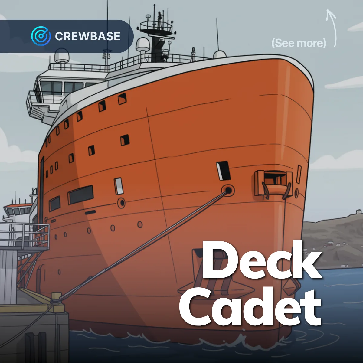 Illustrated orange offshore vessel at the quay with CrewBase Deck Cadet recruitment text