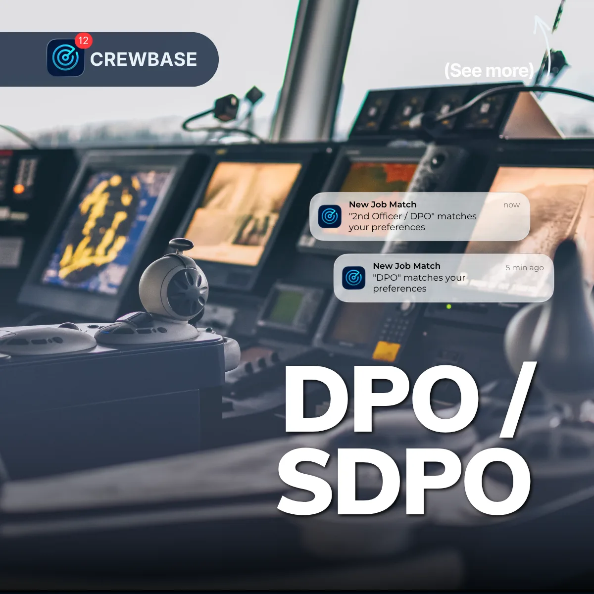 Ship bridge consoles and helm with CrewBase DPO SDPO and 2nd Officer DPO job match cards