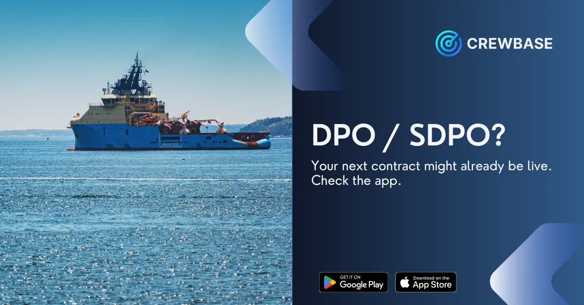 Offshore support vessel at sea with CrewBase recruitment banner for DPO and SDPO officers