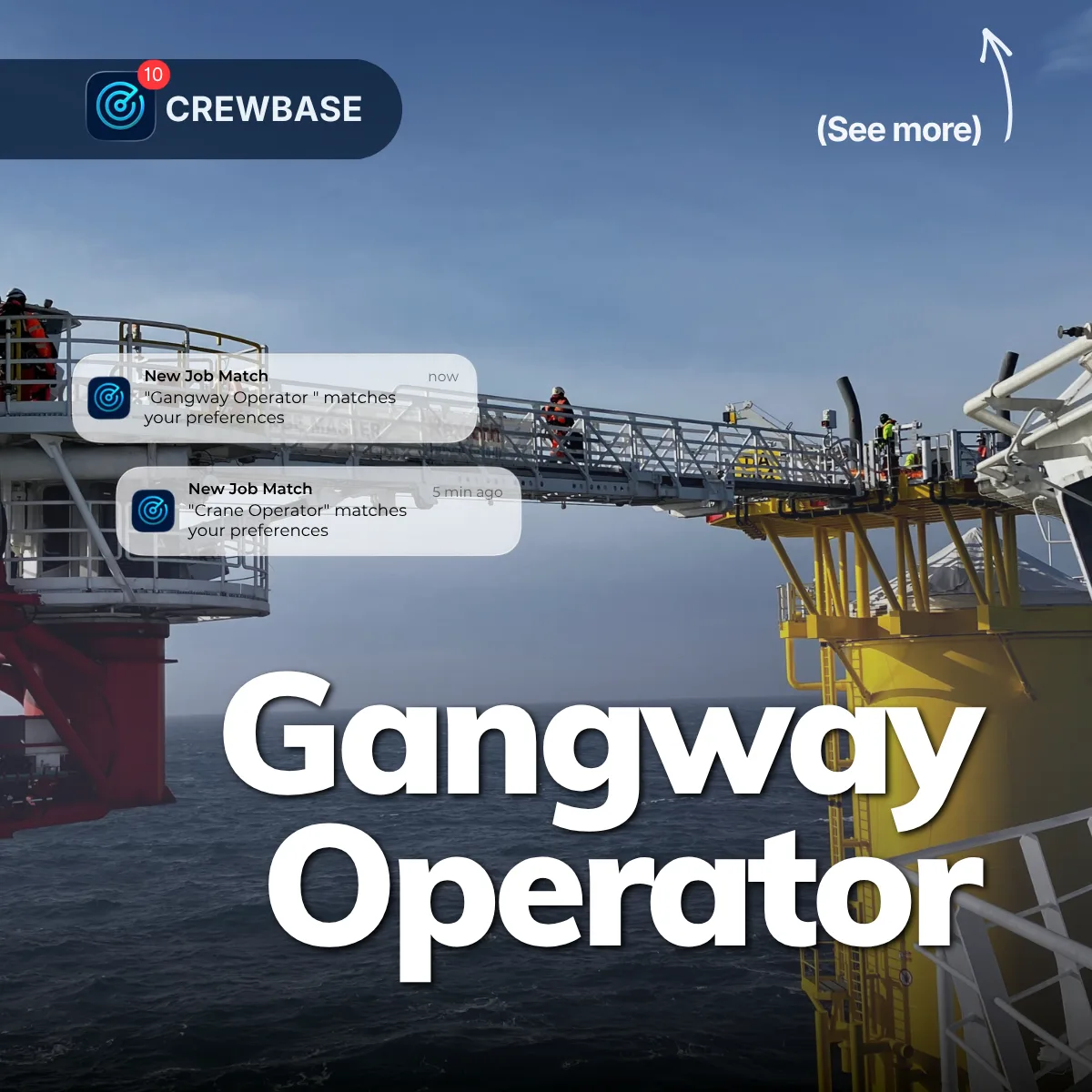 Motion compensated gangway between platform and yellow vessel with CrewBase Gangway Operator alerts