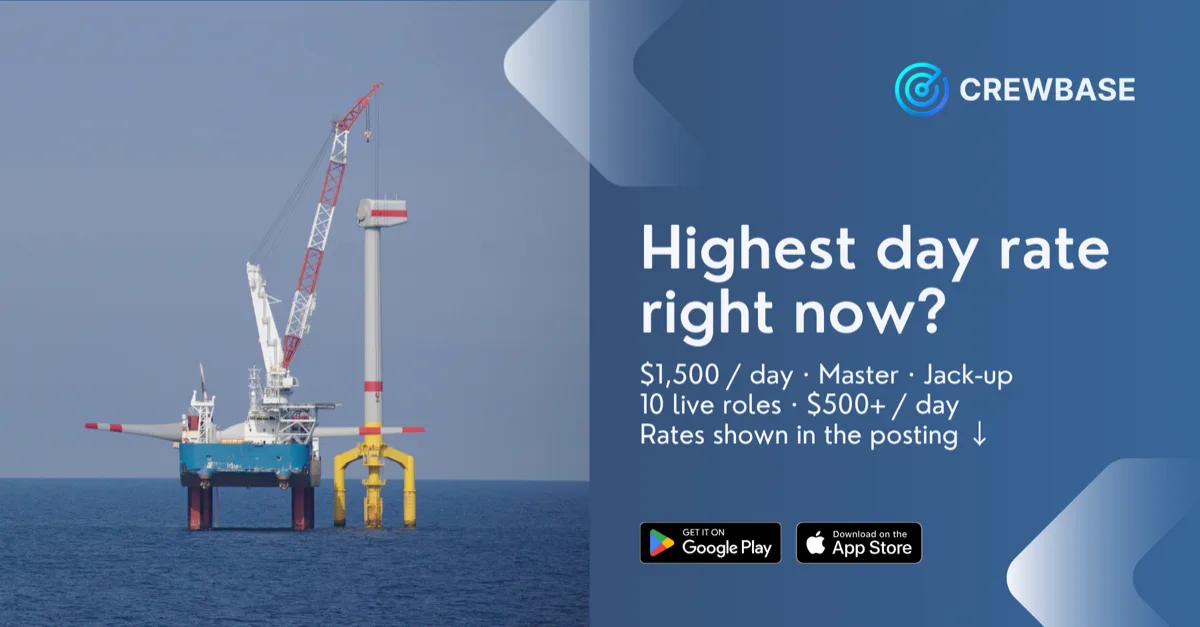 Jack-up vessel installing wind turbine with CrewBase text highest day rate fifteen hundred dollars per day master