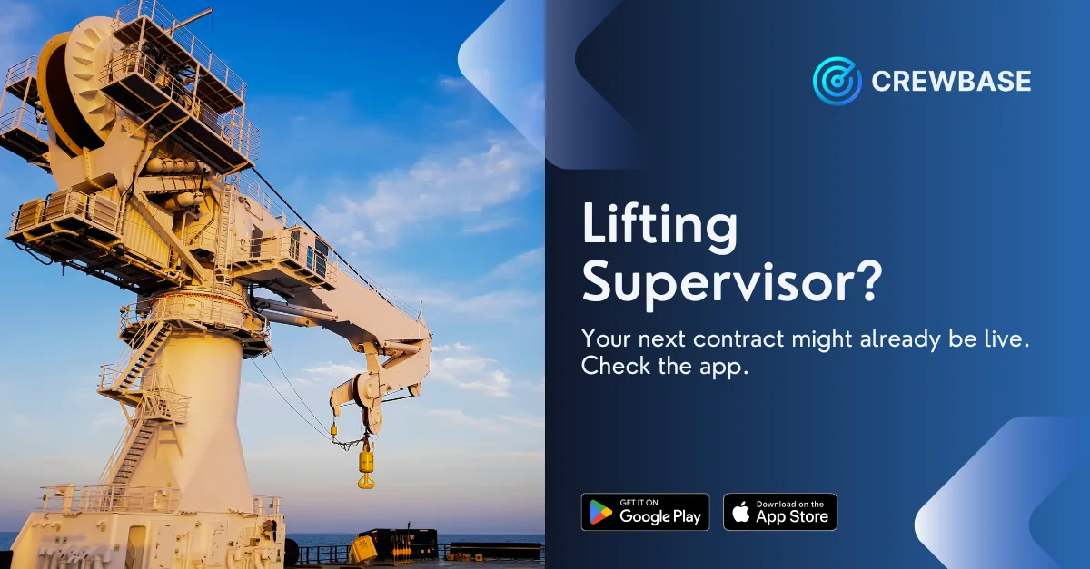 Large offshore crane on vessel deck with CrewBase lifting supervisor job recruitment message