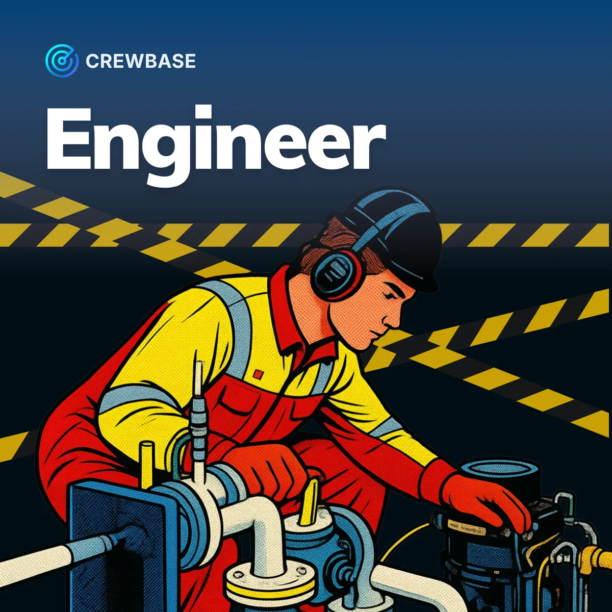 Marine engineer in yellow red coveralls hard hat working on pipes valves comic style CrewBase Engineer