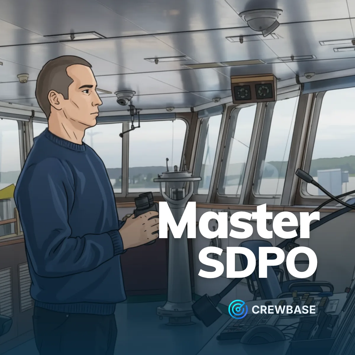 Master SDPO on ship bridge with binoculars overlooking sea and CrewBase branding