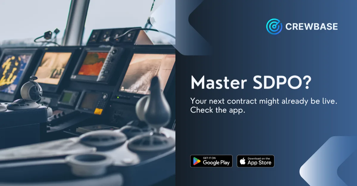 Ship bridge DP consoles with CrewBase Master SDPO recruitment banner and app store badges