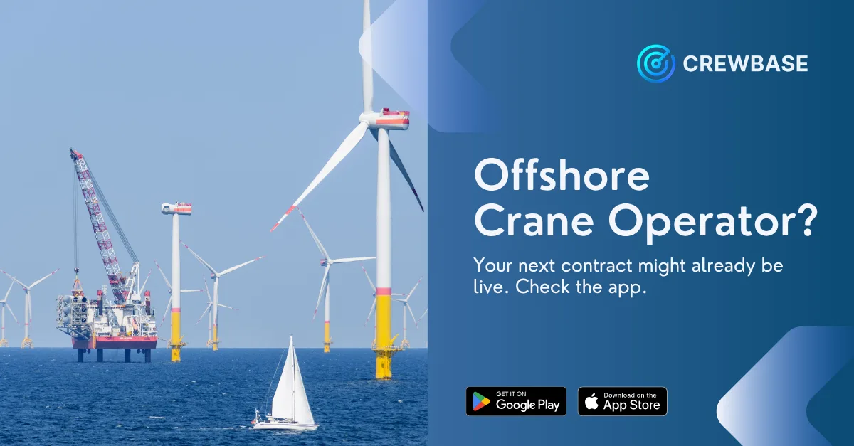 Jack-up vessel crane at offshore wind farm with CrewBase crane operator job banner