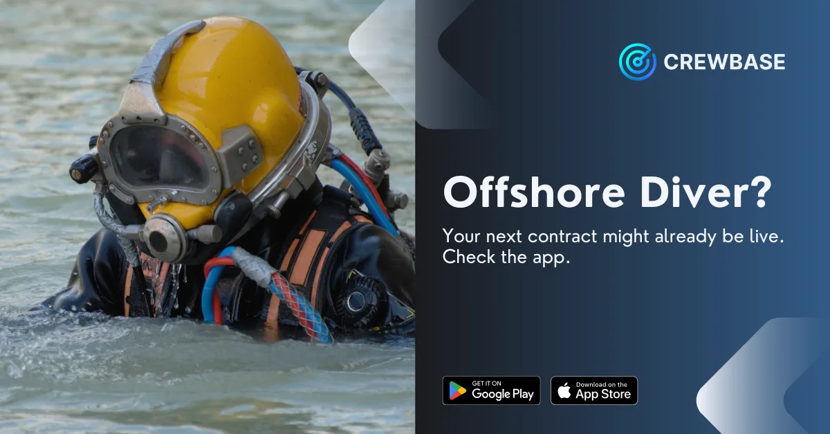 Commercial diver in yellow helmet in water with CrewBase offshore diver job ad