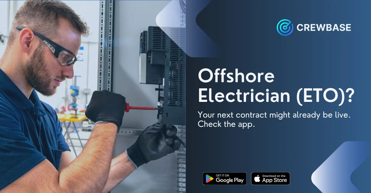 Offshore electrician in safety gear working on electrical panel with CrewBase ETO recruitment text