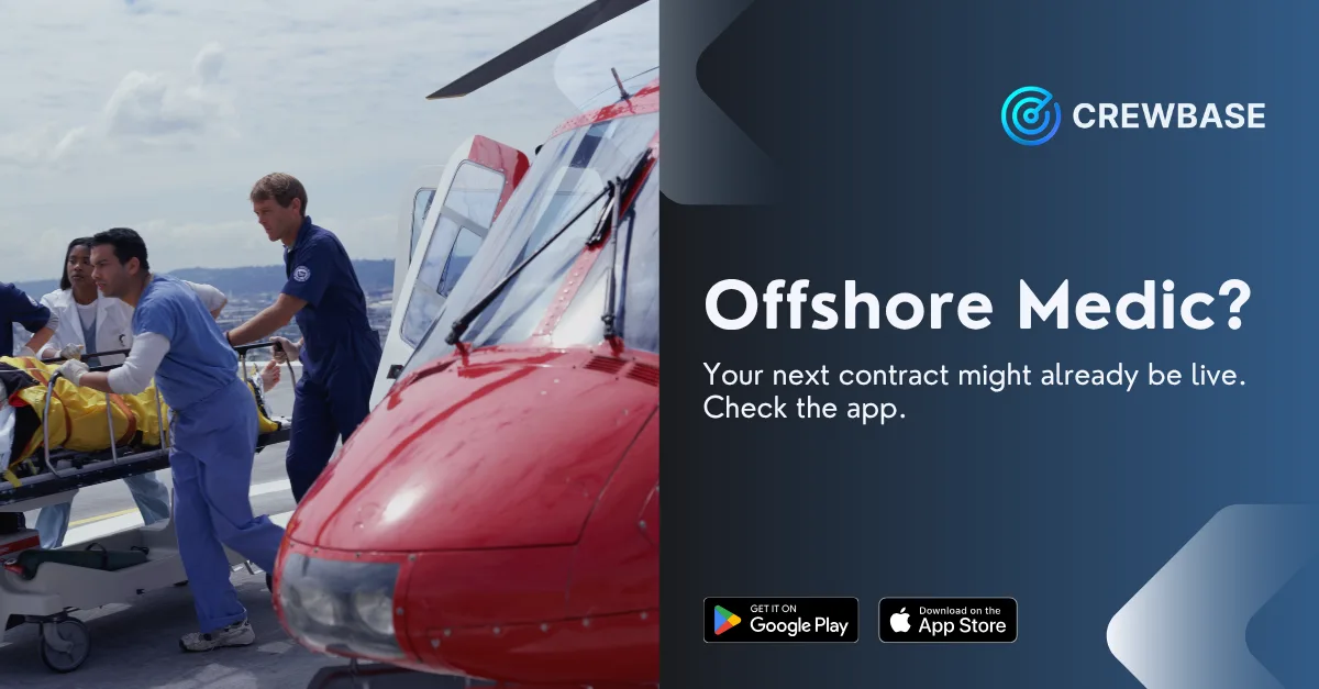 Medical team with helicopter stretcher and CrewBase offshore medic recruitment banner