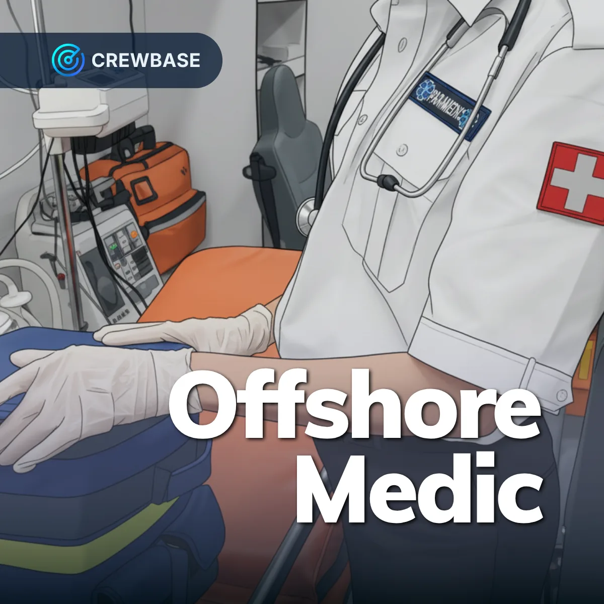 Offshore medic in white uniform with stethoscope and medical bags in vessel sickbay CrewBase
