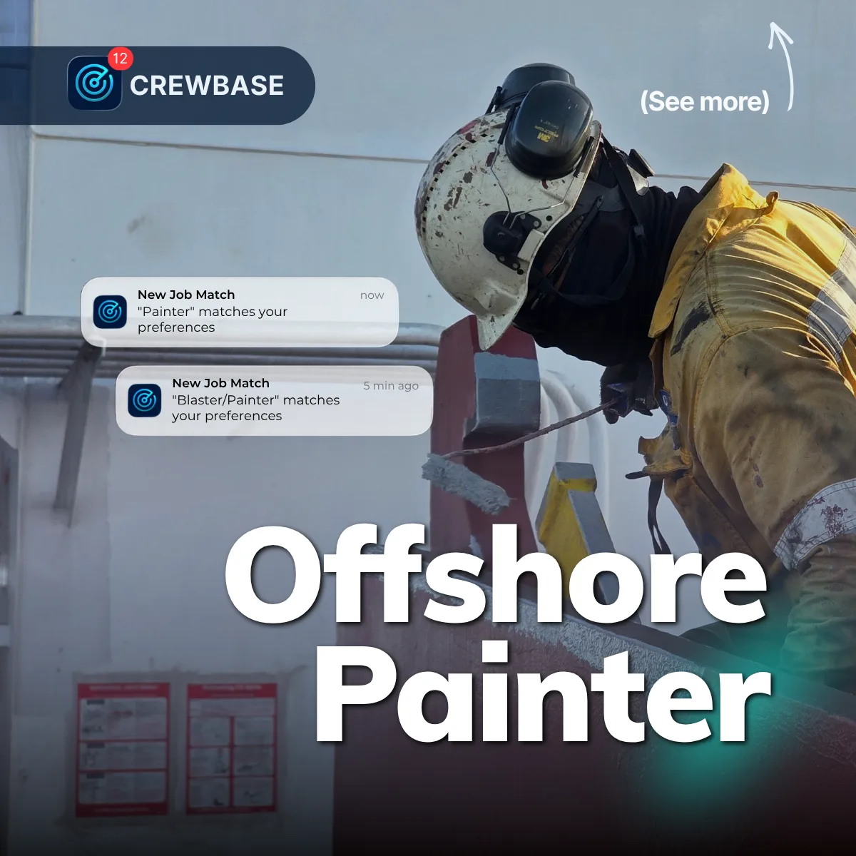 Painter in yellow coveralls and hard hat rolling coating with CrewBase Painter and Blaster Painter alerts