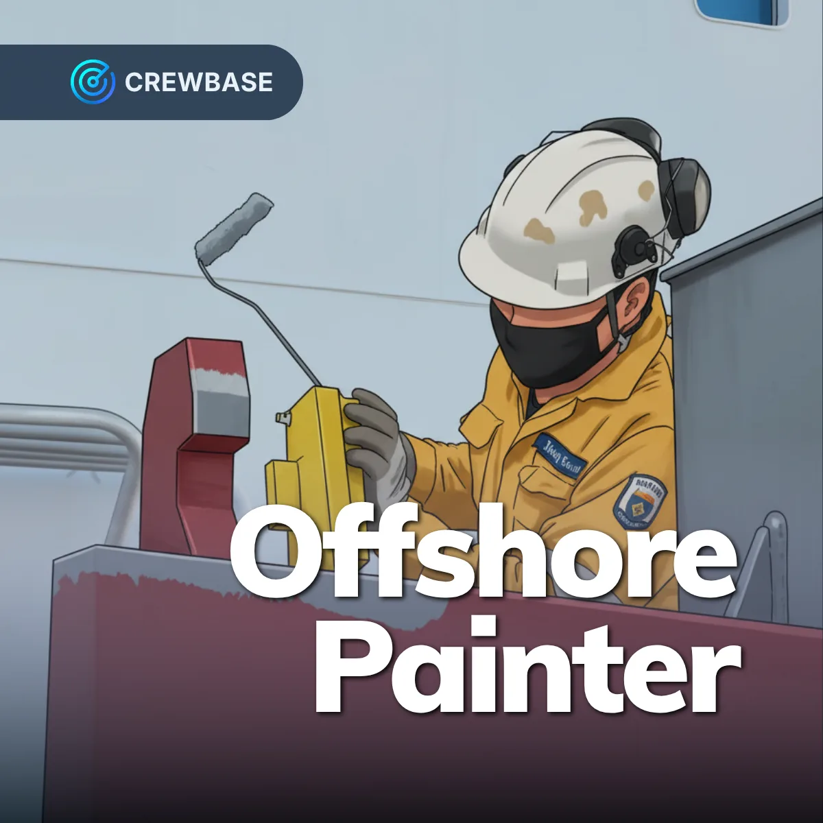 Offshore painter in yellow coveralls and hard hat rolling paint on vessel structure CrewBase