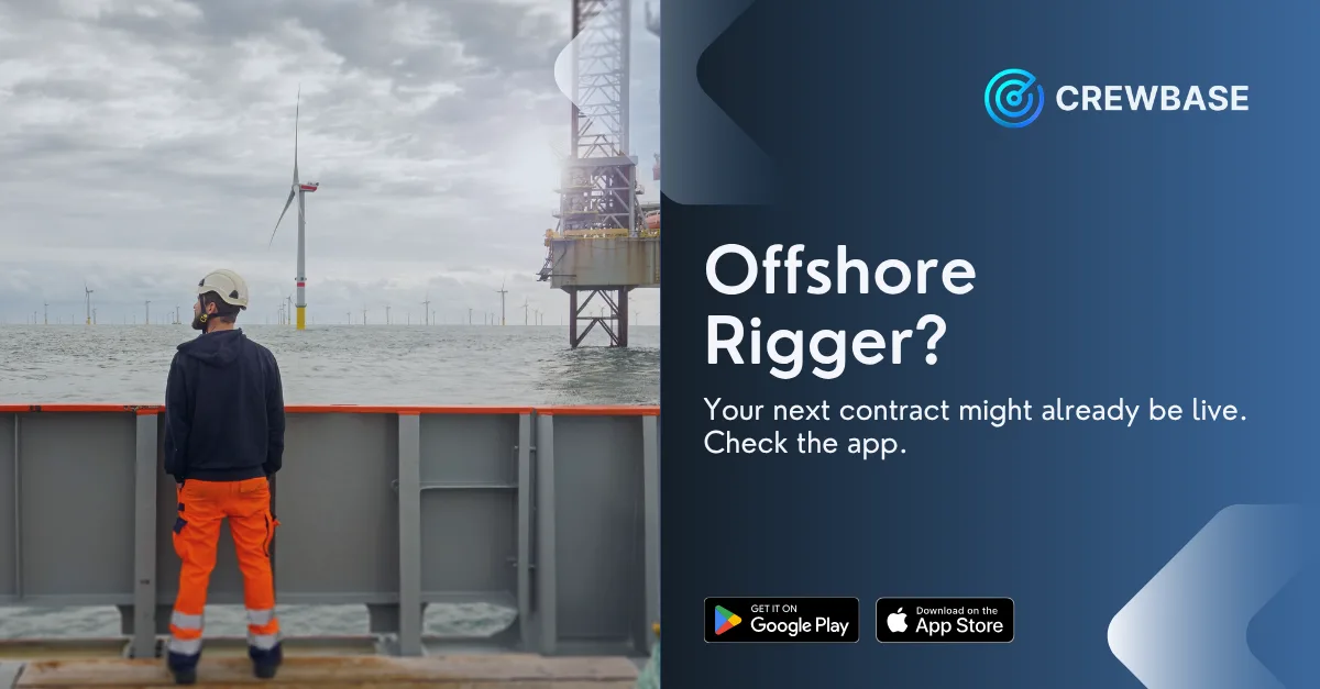 Offshore rigger in hi-vis at wind farm platform with CrewBase recruitment text