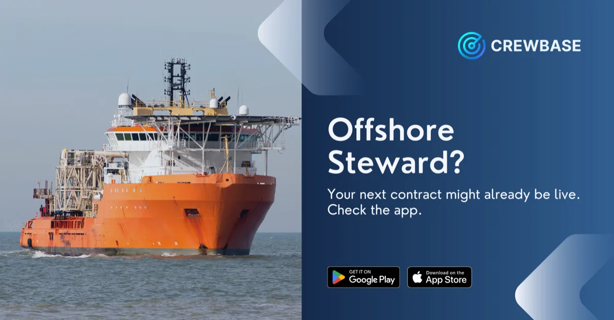 Orange offshore supply vessel at sea with CrewBase offshore steward recruitment message