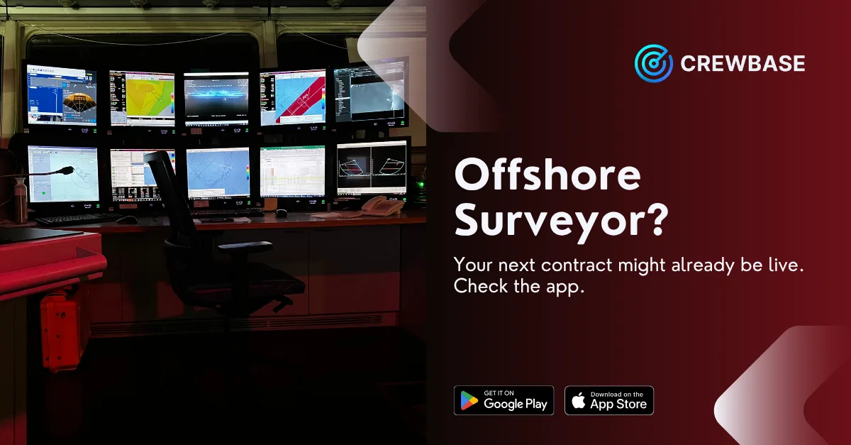Survey vessel control room with multiple monitors and CrewBase offshore surveyor recruitment banner