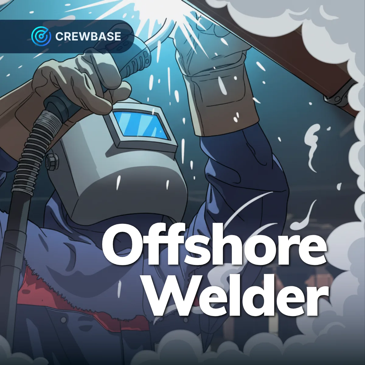 Offshore welder in helmet and gloves with sparks welding illustration and CrewBase branding