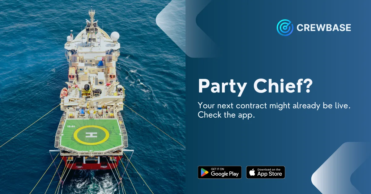 Aerial view of seismic survey vessel with helideck and CrewBase party chief recruitment text