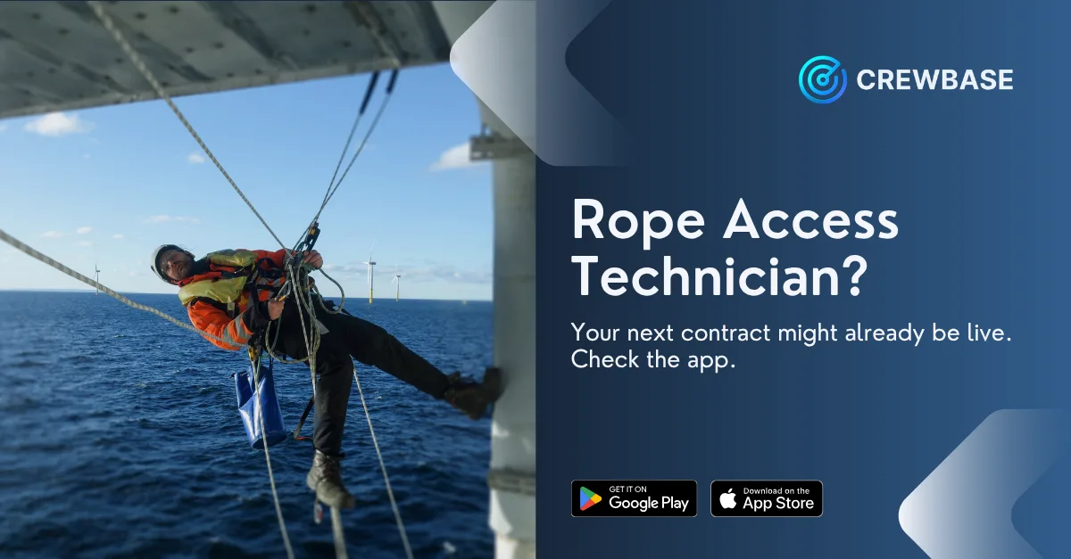 Rope access technician on offshore wind turbine structure with CrewBase job ad
