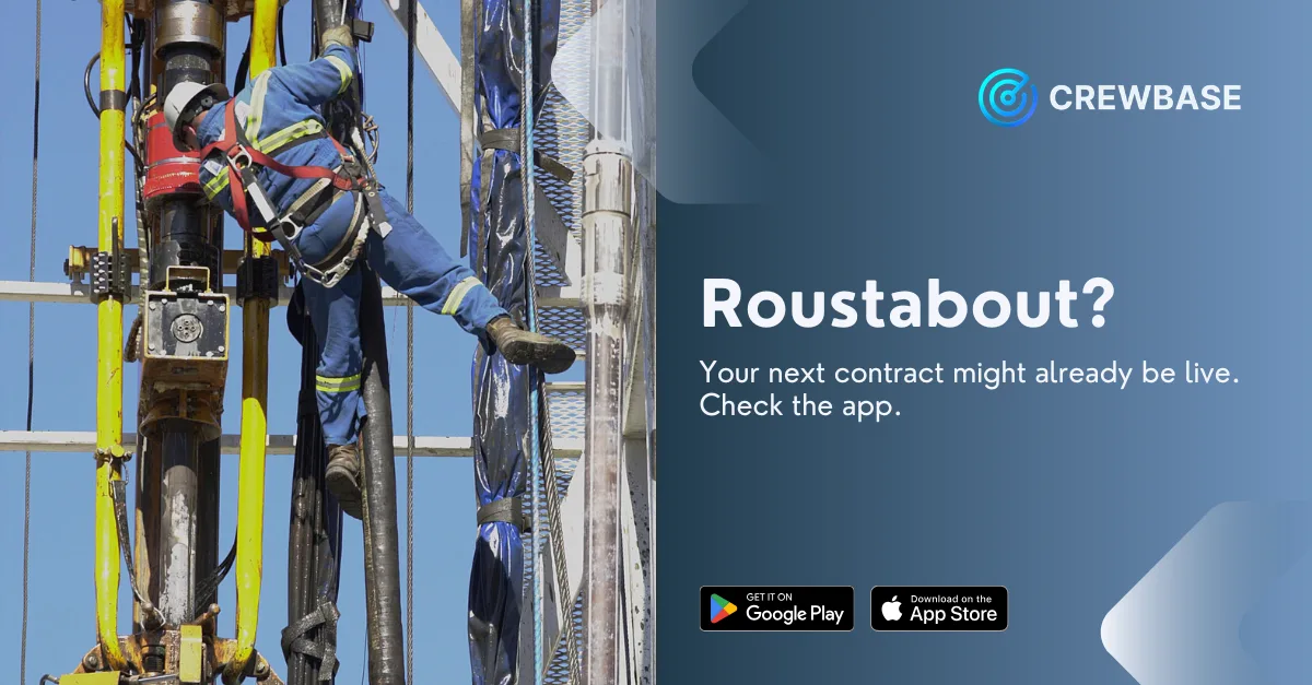 Roustabout in harness on oil rig structure with CrewBase recruitment message