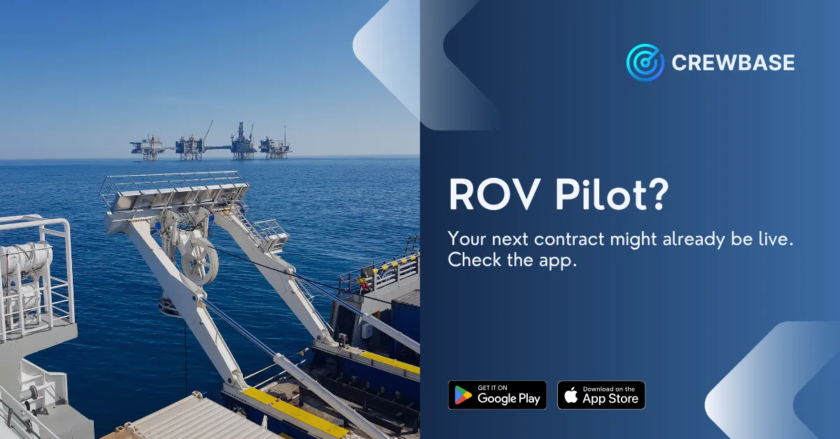 ROV launch system on offshore vessel with CrewBase ROV pilot recruitment message