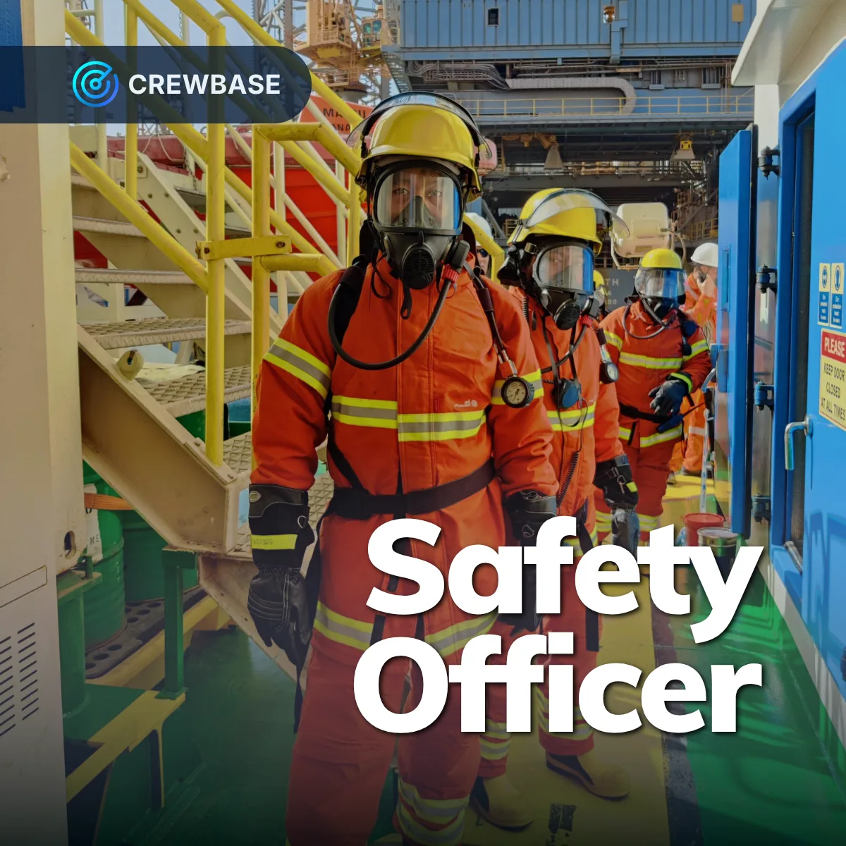 Three safety officers in orange SCBA firefighting gear on vessel deck with CrewBase Safety Officer text