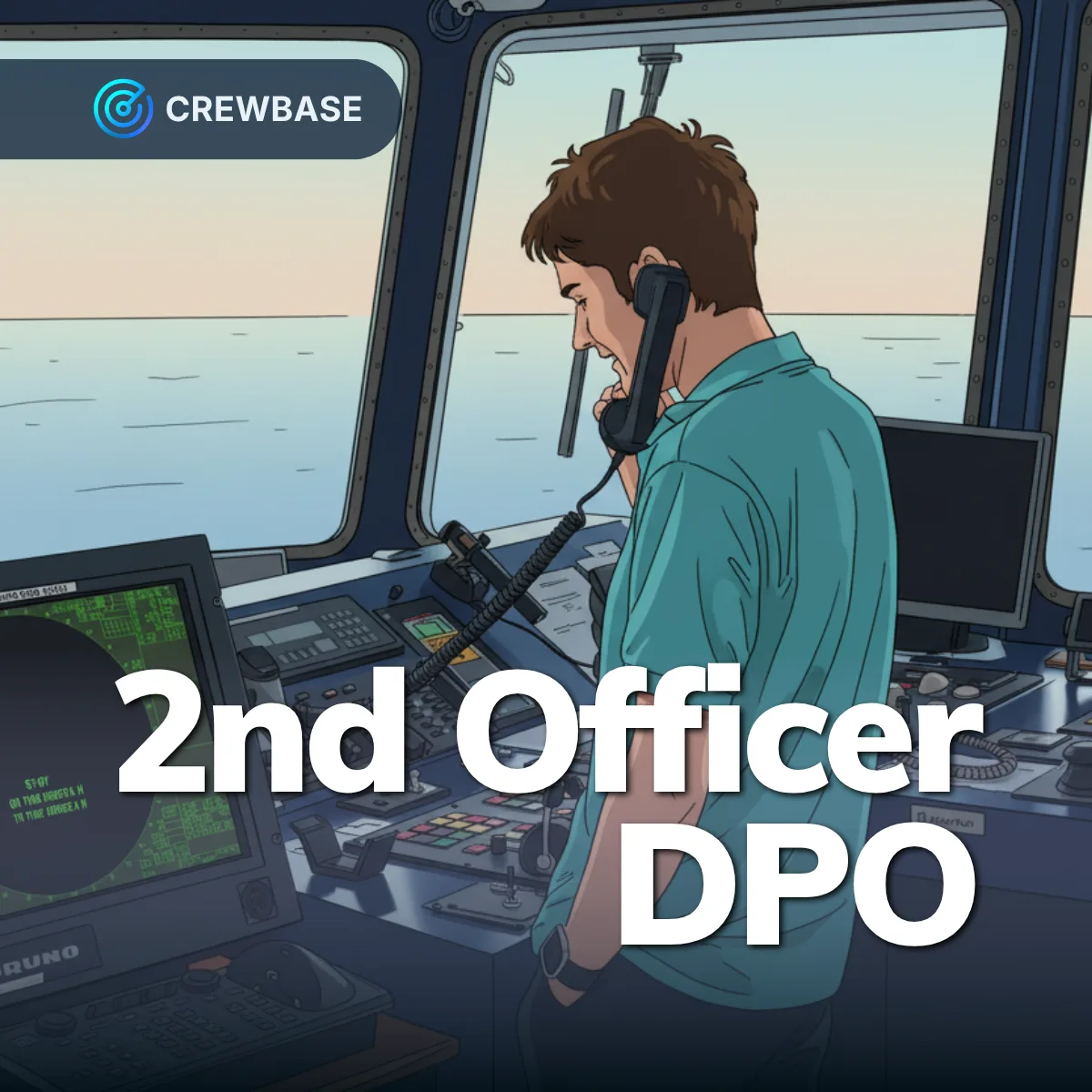 2nd Officer DPO on bridge holding phone beside radar console with CrewBase branding