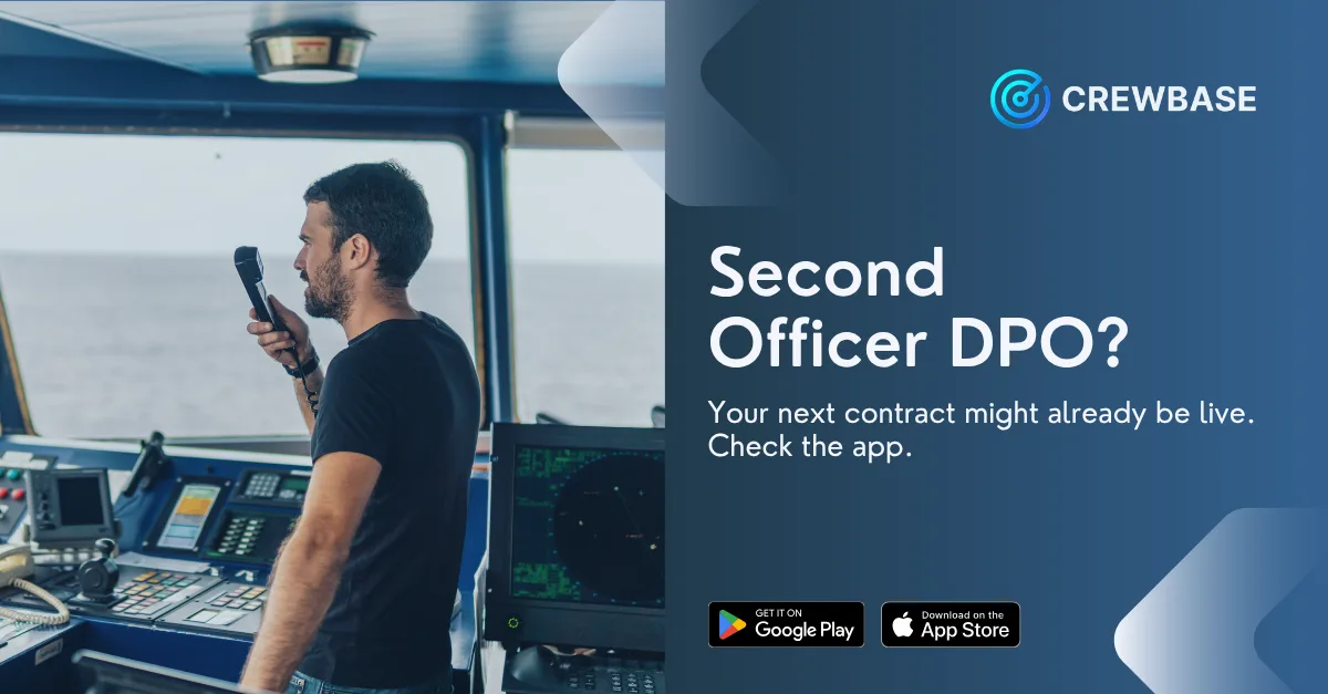 Second officer on ship bridge with radar screens and CrewBase DPO job recruitment text